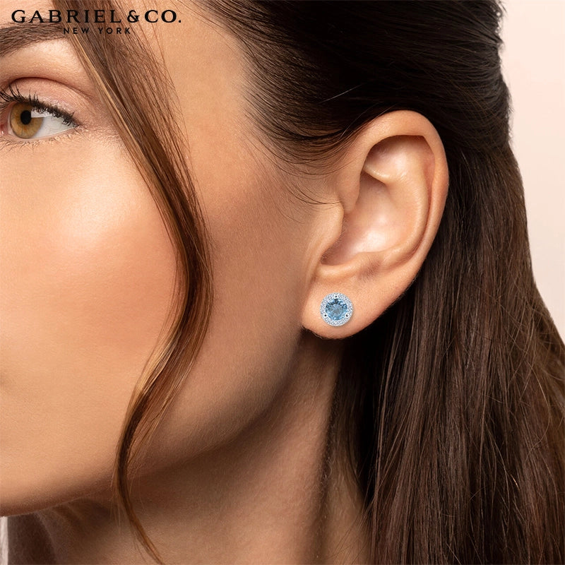 Genuine Swiss Blue Topaz & Diamond Halo Earrings