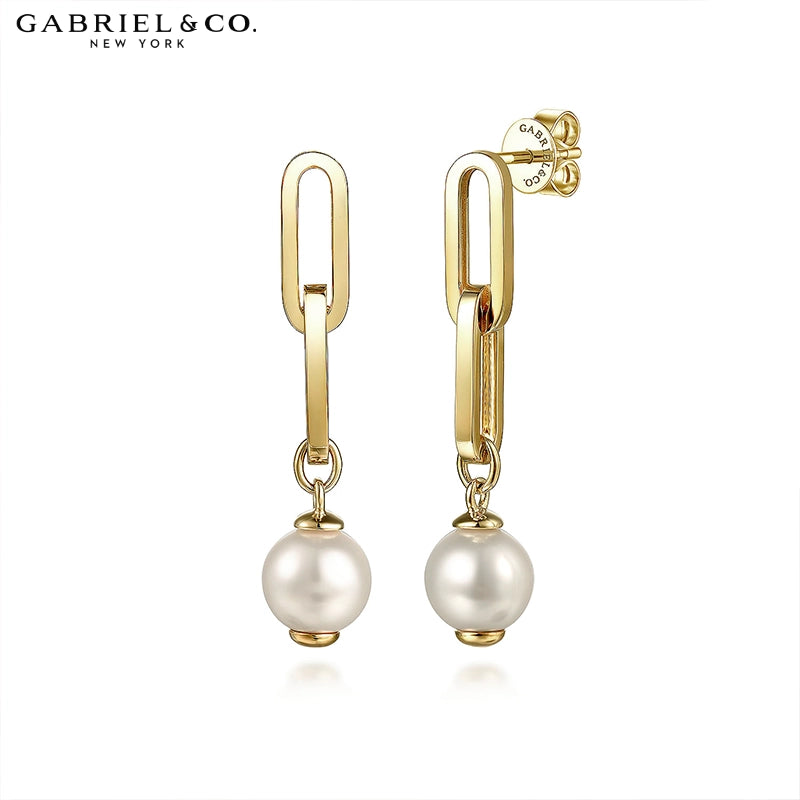14kt Genuine Pearl Paper Clip Drop Earrings