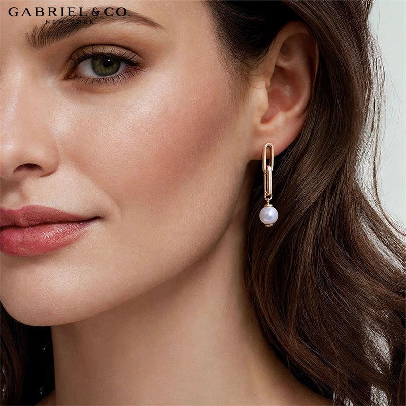 14kt Genuine Pearl Paper Clip Drop Earrings
