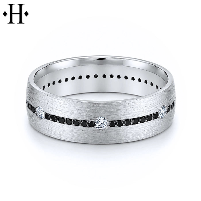 Natural White & Black Diamond Carved Ring 7mm