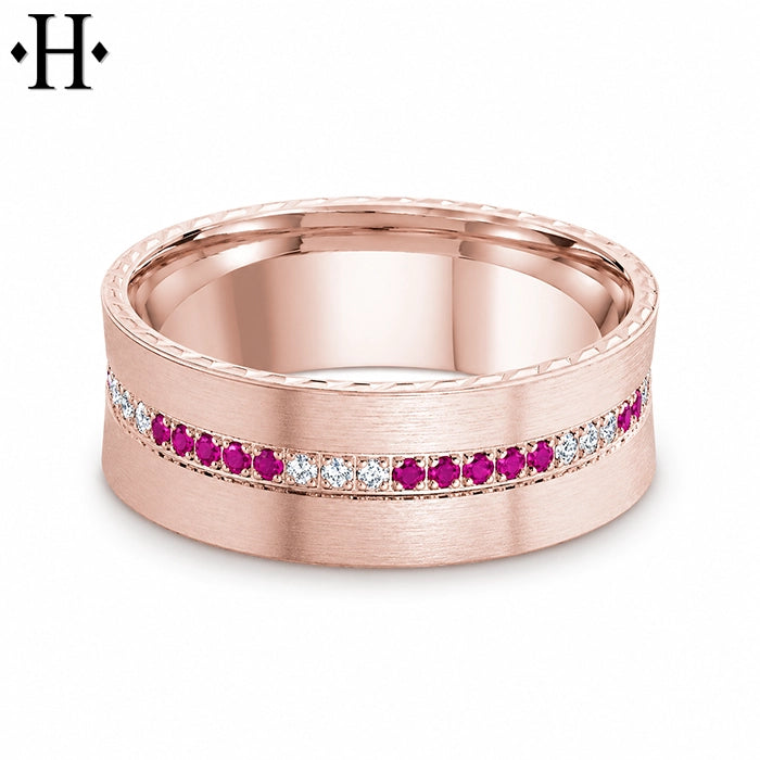 Genuine Ruby & White Diamond Carved Ring 8mm