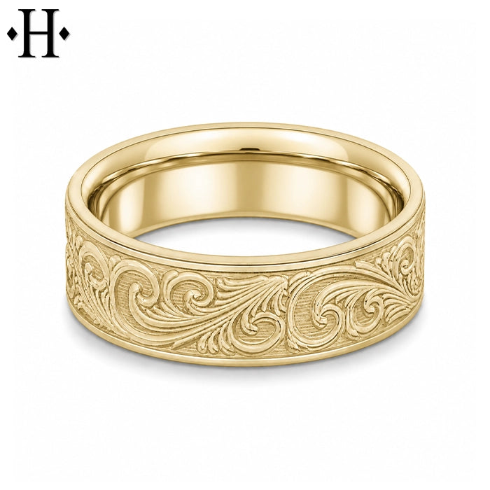 Engraved Solid Gold Ring 7mm