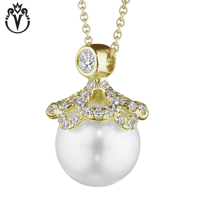 18kt Natural Diamond & Cultured Pearl Floret Necklace