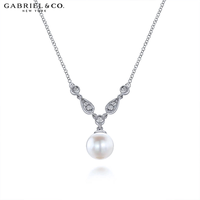 14kt Cultured White Pearl & Natural Diamond Drop Necklace