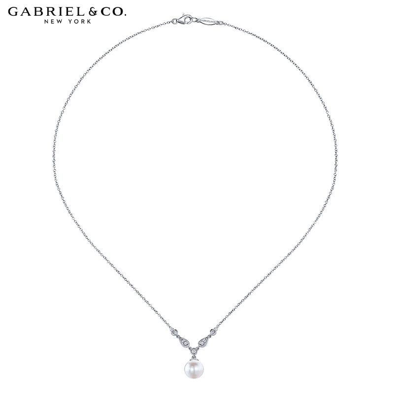 14kt Cultured White Pearl & Natural Diamond Drop Necklace