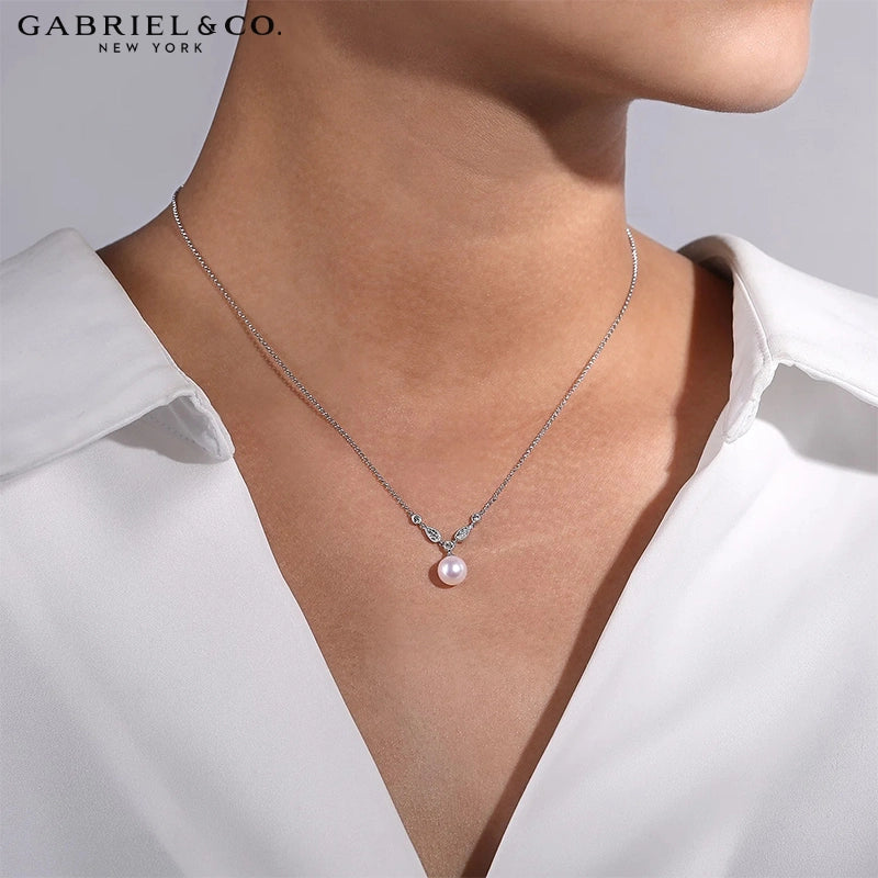 14kt Cultured White Pearl & Natural Diamond Drop Necklace