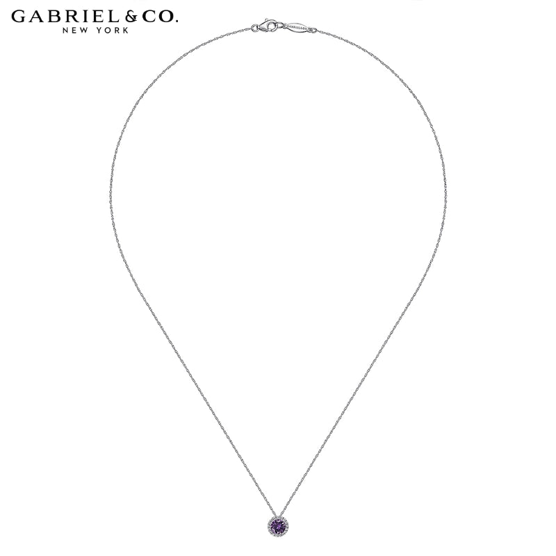14kt Genuine Amethyst & Natural Diamond Halo Necklace