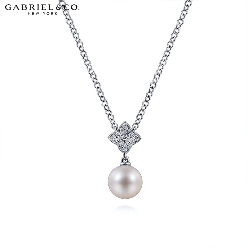 14kt Cultured White Pearl & Natural Diamond Drop Necklace