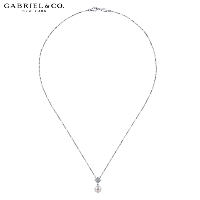 14kt Cultured White Pearl & Natural Diamond Drop Necklace