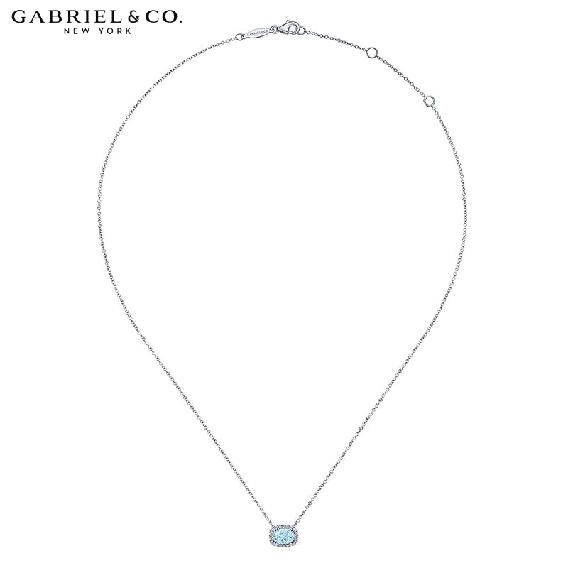 14kt Genuine Aquamarine & Natural Diamond Halo Necklace