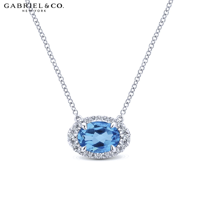 Genuine Blue Topaz & Natural Diamond Halo Necklace