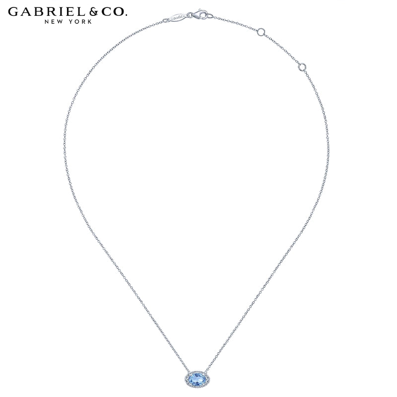 14kt Genuine Blue Topaz & Natural Diamond Halo Necklace