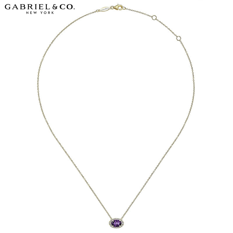 14kt Genuine Amethyst & Natural Diamond Halo Necklace