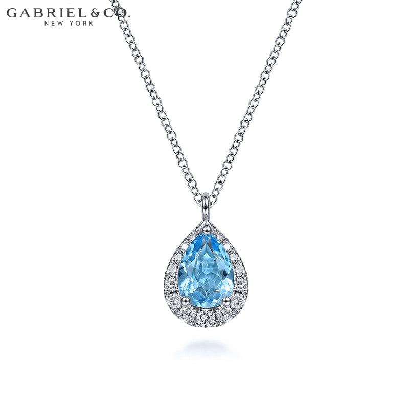 Genuine Blue Topaz & Natural Diamond Halo Necklace
