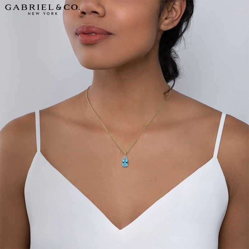 14kt Genuine Swiss Blue Topaz & Diamond Necklace