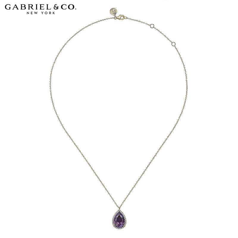14kt Genuine Amethyst & Natural Diamond Halo Necklace