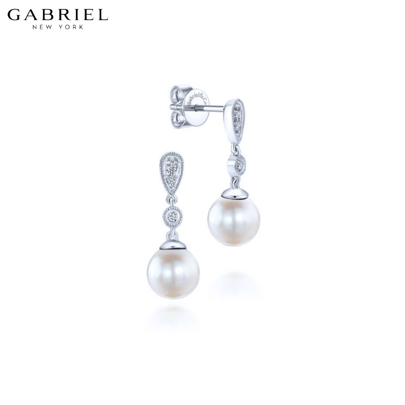 14kt Genuine White Pearl & Diamond Drop Earrings