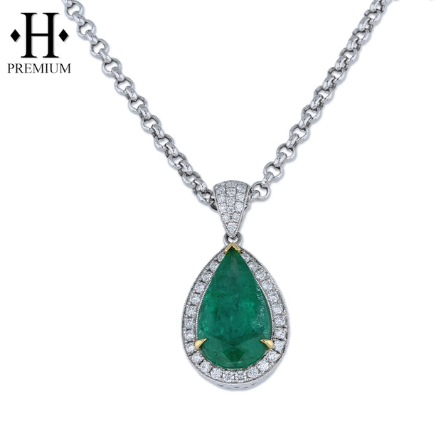 18kt 5.21ct Genuine Brazilian Emerald & Diamond Halo Pendant
