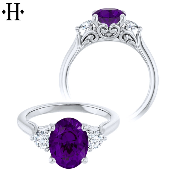 Oval Cut Genuine Amethyst & Diamond Ring