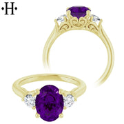 Oval Cut Genuine Amethyst & Diamond Ring