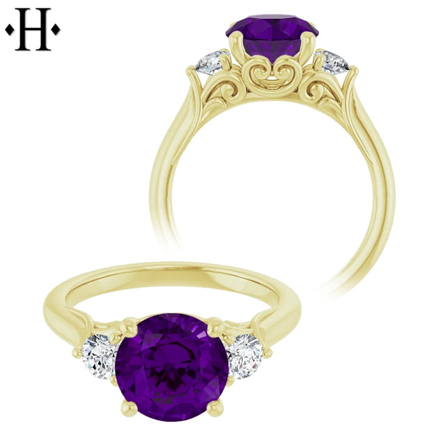 Round Cut Genuine Amethyst & Lab Grown Diamond Ring