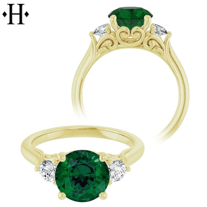 Round Cut Lab Grown Emerald & Diamond Ring