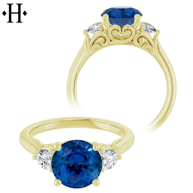 Round Cut Lab Grown Sapphire & Diamond Ring