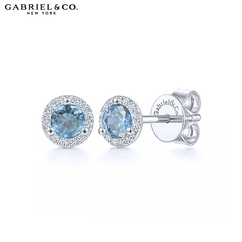 Genuine Swiss Blue Topaz & Diamond Halo Earrings
