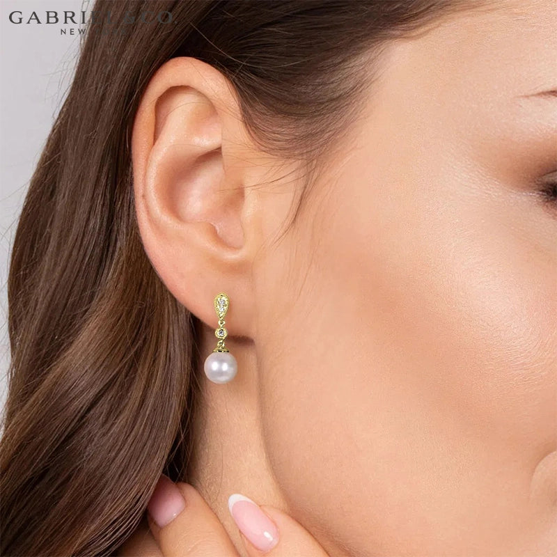 14kt Genuine Pearl & Diamond Drop Earrings