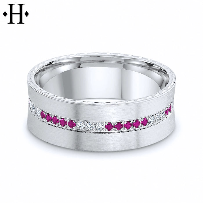 Genuine Ruby & White Diamond Carved Ring 8mm