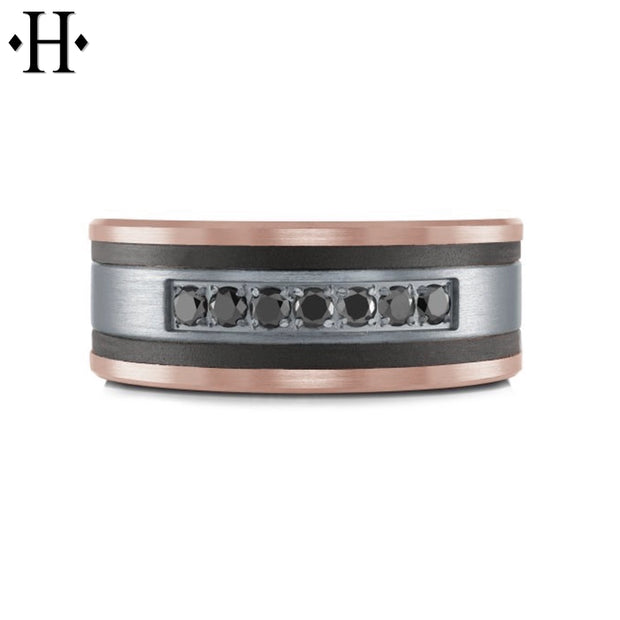 Black Diamond, Tantalum & Carbon Fiber Solid Gold Ring 8.5mm