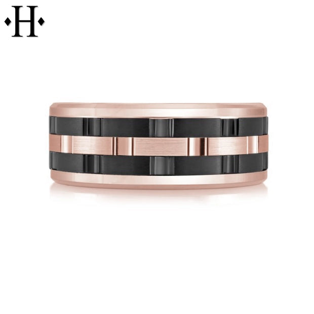 Black Titanium & Gold Carved Ring 8mm