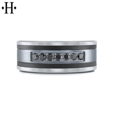 Black Diamond, Tantalum & Carbon Fiber Solid Gold Ring 8.5mm