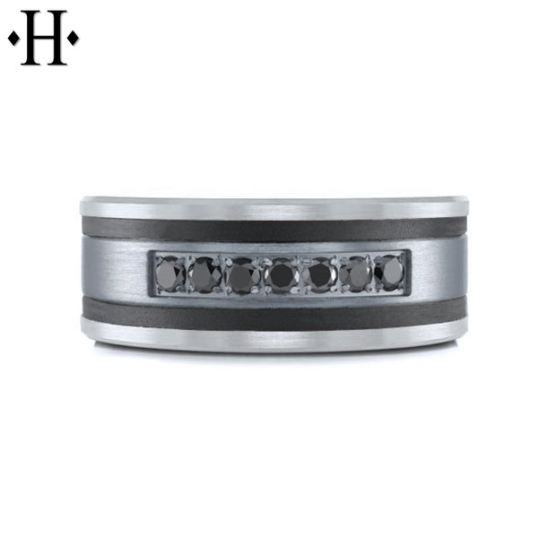 Black Diamond, Tantalum & Carbon Fiber Solid Gold Ring 8.5mm