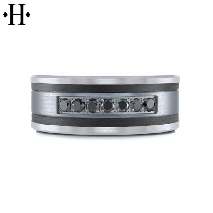 Black Diamond, Tantalum & Carbon Fiber Solid Gold Ring 8.5mm