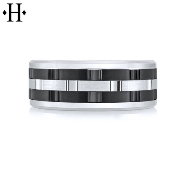 Black Titanium & Gold Carved Ring 8mm