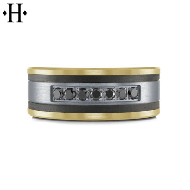 Black Diamond, Tantalum & Carbon Fiber Solid Gold Ring 8.5mm