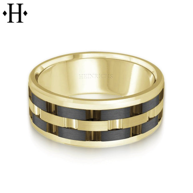 Black Titanium & Gold Carved Ring 8mm
