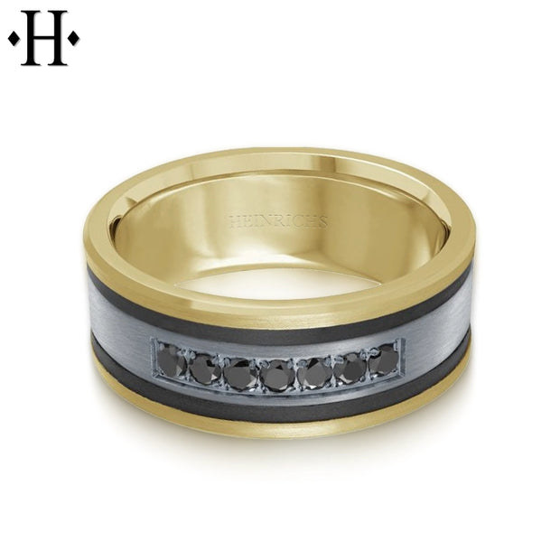 Black Diamond, Tantalum & Carbon Fiber Solid Gold Ring 8.5mm