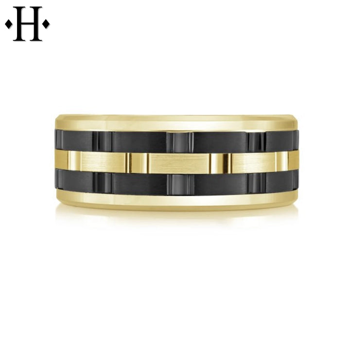 Black Titanium & Gold Carved Ring 8mm