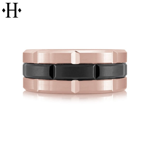 Black Titanium & Gold Carved Ring 8mm