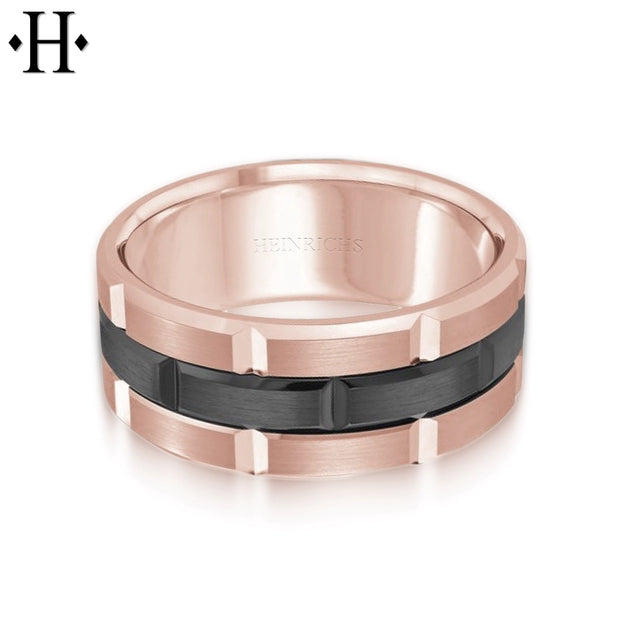 Black Titanium & Gold Carved Ring 8mm