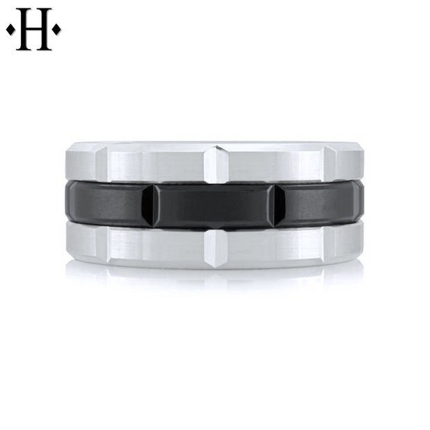 Black Titanium & Gold Carved Ring 8mm