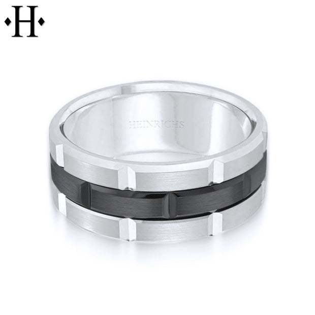 Black Titanium & Gold Carved Ring 8mm
