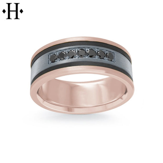 Black Diamond, Tantalum & Carbon Fiber Solid Gold Ring 8.5mm