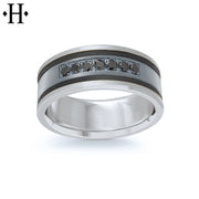 Black Diamond, Tantalum & Carbon Fiber Solid Gold Ring 8.5mm
