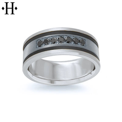Black Diamond, Tantalum & Carbon Fiber Solid Gold Ring 8.5mm