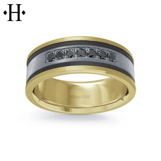 Black Diamond, Tantalum & Carbon Fiber Solid Gold Ring 8.5mm