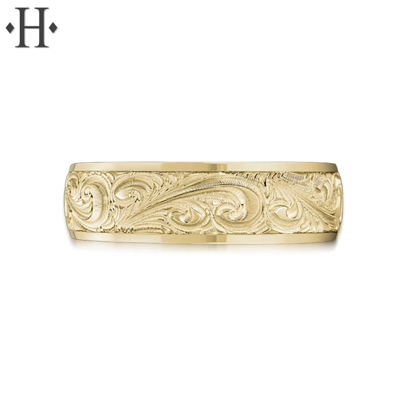 Hand Engraved Solid Gold Ring 6mm