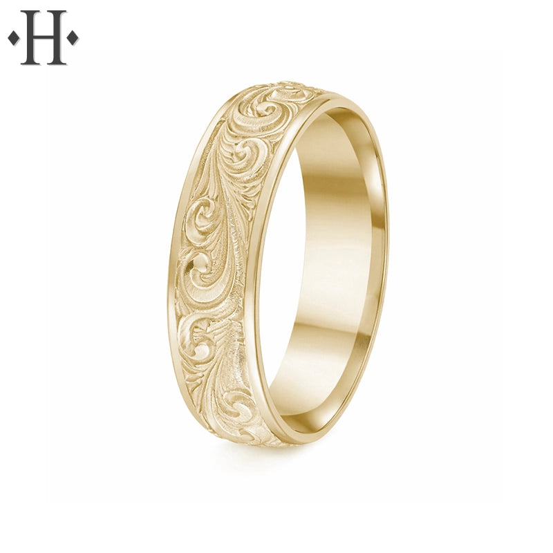 Hand Engraved Solid Gold Ring 6mm